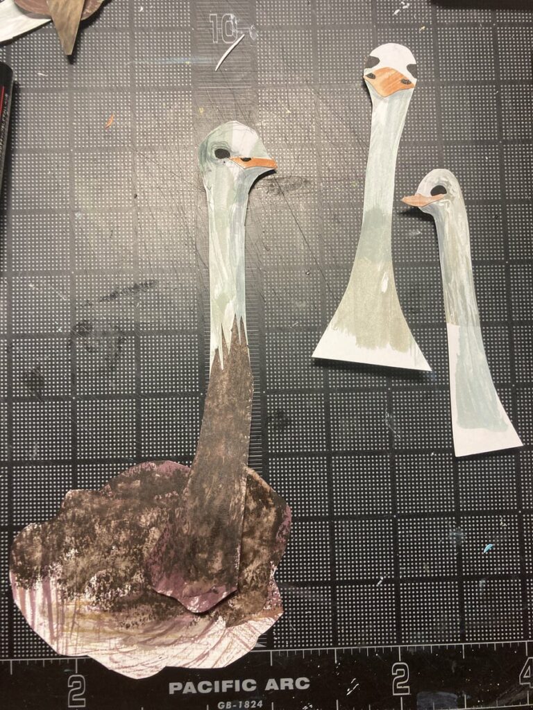 ostrich illustration in process, paper cut out