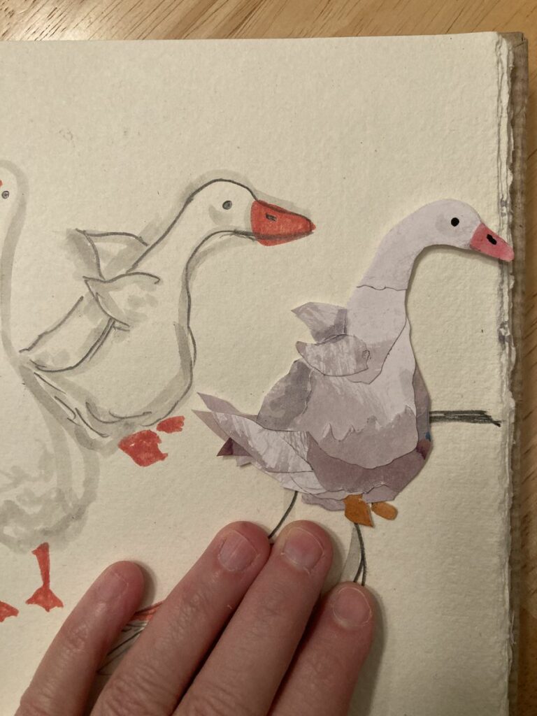 cute baby goose with tiny wings on blue paper, paper cut out next to original illustration