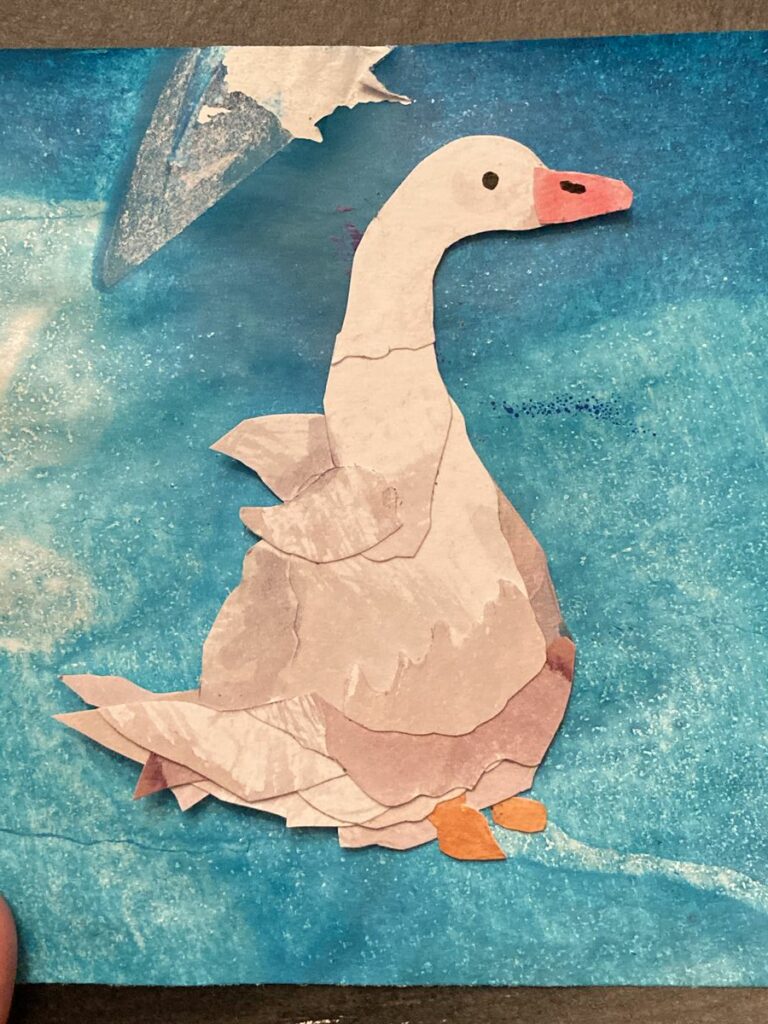 cute baby goose with tiny wings on blue paper, paper cut out