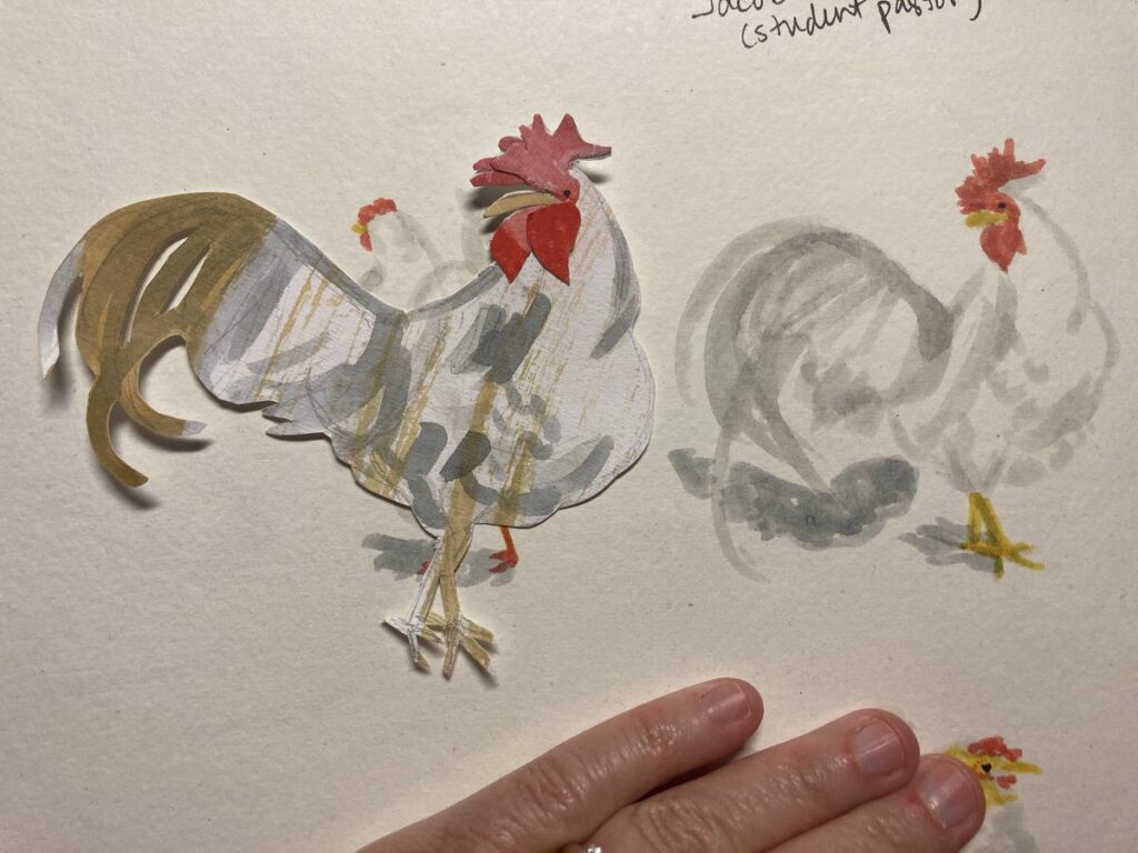 rooster paper cut out next to original illustration