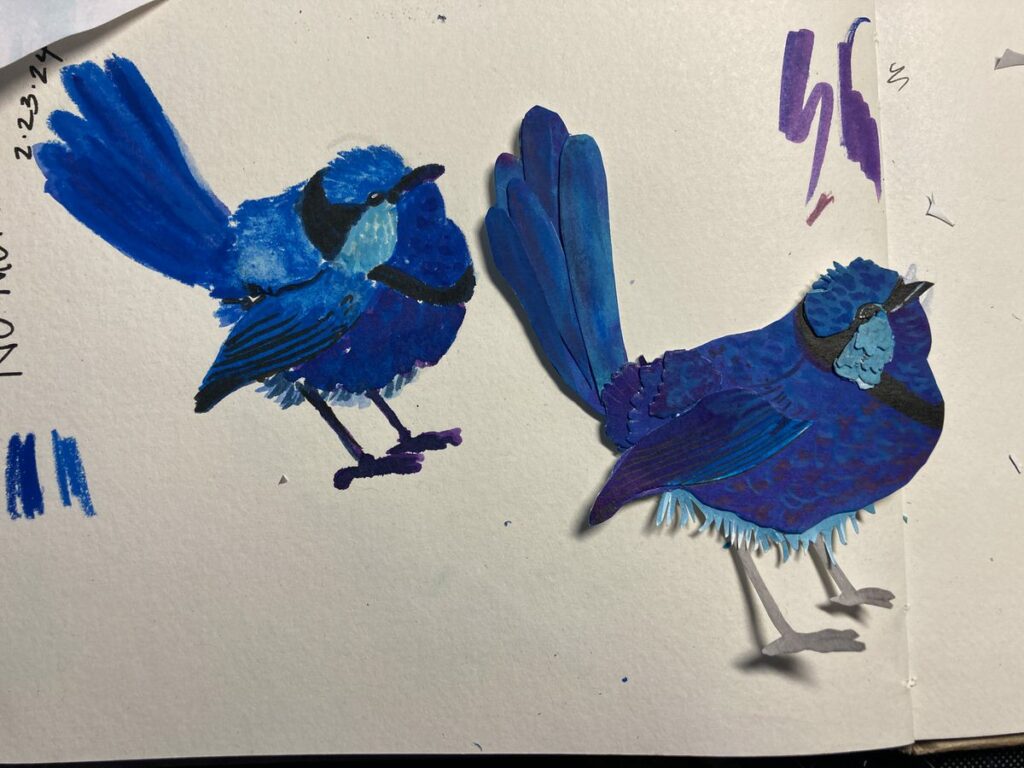 blue wren bird cut paper next to original drawing
