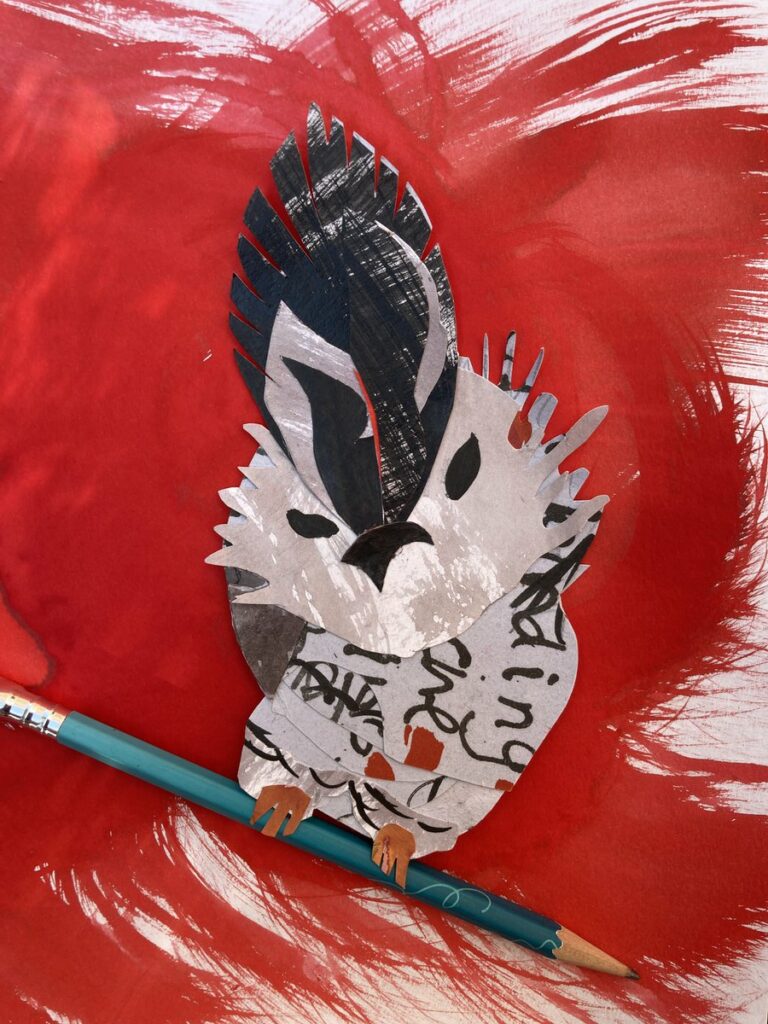 titmouse bird with big bouffont and head at an angle sitting on a pencil on a painted red background. bird illustration made out of cut paper and collage