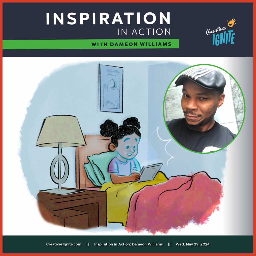 Inspiration in Action with Dameon Williams Episode 471 LIVE on Wednesday, May 29, 2024 at 7:30pm GMT / 2:30pm ET / 11:30am PT / 8:30am in Hawaii. This week we dive into illustrator, Dameon Williams inspiration. We find out where he does his research, where he finds his tools and brushes, and how his process has been shaped by the illustrator's he's studied.